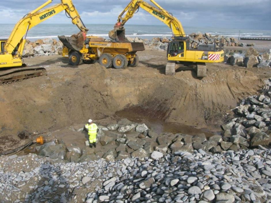 Archaeologists recording archaeological deposits in mitigation during the Borth coastal defence Scheme.