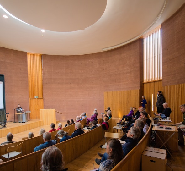 Rammed Earth Wall around the lecture theatre at CAT Graduate School