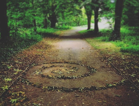 Spiral mandala made on a woodland path
