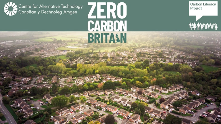 Aerial view of a town with Zero Carbon Britain logo