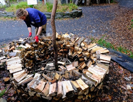 Volunteer stacking firewood
