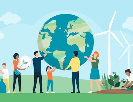 Cartoon drawing of people holding up the world with wind turbines in the fields behind them