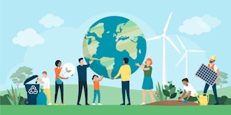 Cartoon drawing of people holding up the world with wind turbines in the fields behind them